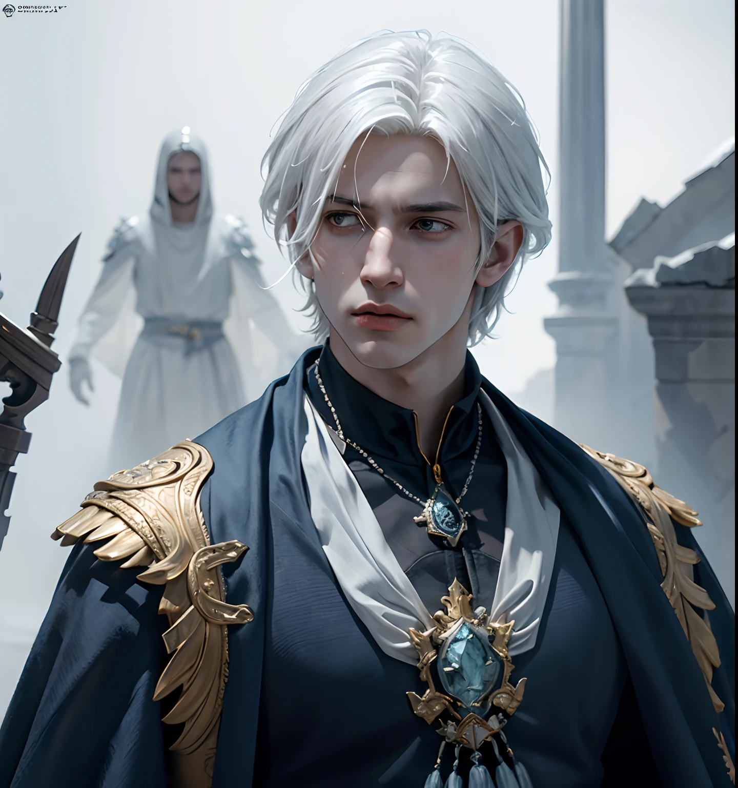 1 young man, white hair and blue dress and blue cape, androgynous noble, delicate androgynous, handsome, royal elegant pose, 1man, stern look, 6th Century catastrophe, post-apocalypse, solo focus, adult, pale and young adult face, palace, realistic, dynamic pose realistic, detailed and correct facial structure, frost ornaments, LEON S. KENNEDY, cinematic lighting, unreal engine, trending on ArtStation, intricate details, masterpiece, best quality, by Irakli Nadar, Greg Rutkowski，(((best quality))),(((ultra detailed))),(((masterpiece)))