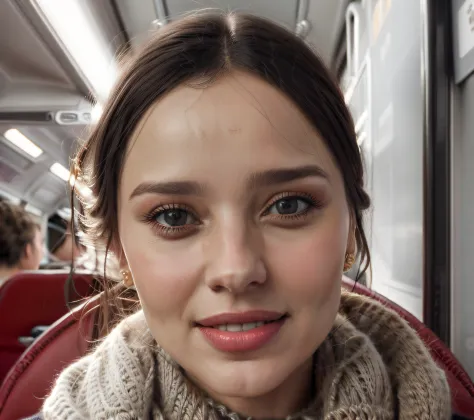 smiling woman on a bus with a scarf in, retrato nft, realistic portrait, maia sandu hiper-realista, foto retrato realista, retra...