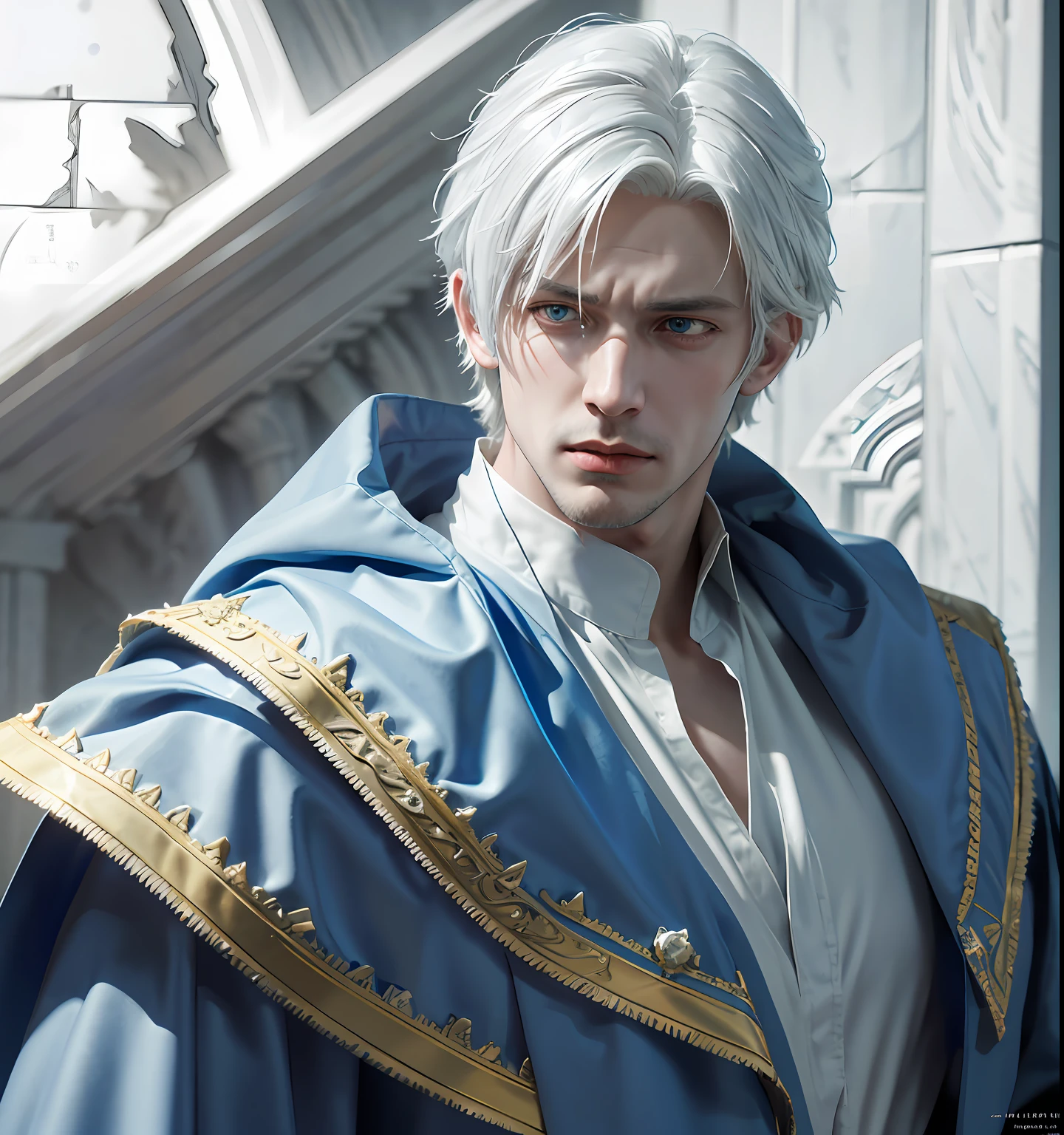 1 young man, white hair and blue dress and blue cape, androgynous noble, delicate androgynous, handsome, royal elegant pose, 1man, stern look, 6th Century catastrophe, post-apocalypse, solo focus, adult, pale and young adult face, palace, realistic, dynamic pose realistic, detailed and correct facial structure, frost ornaments, LEON S. KENNEDY, cinematic lighting, unreal engine, trending on ArtStation, intricate details, masterpiece, best quality, by Irakli Nadar, Greg Rutkowski，(((best quality))),(((ultra detailed))),(((masterpiece)))