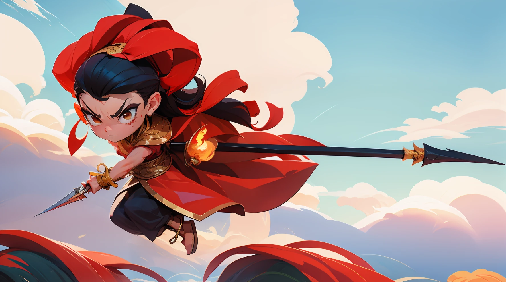 1girl, blood on face, angry, holding spear, (flying), chinese mythology,cloudy, detailed sky, abstract background, (flame_surge_style:0.5)