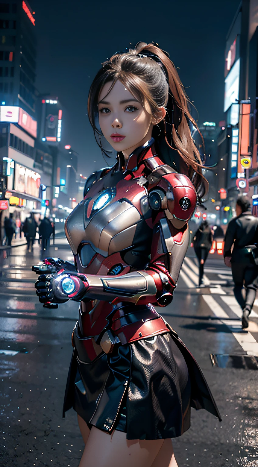 8k，realisticlying，Glamorous，The is very detailed，A 20-year-old girl, a sexy and charming woman, is inspired by Iron Man，Wearing a shiny Iron Man skirt。She dresses to show sexiness and confidence，It perfectly interprets the power and charm of Iron Man。In a cyberpunk-style night view of the city，A sexy and charming woman with an actor-playing theme for Iron Man。She wears a shiny Iron Man skirt，Stand on a street lined with tall buildings。The night view of the city is brightly lit，Reflected on her mech，It adds a sense of futuristic technology。The surrounding buildings and streets are full of cyberpunk elements，Like neon lights、High-tech installation and futuristic architectural design。The whole scene is full of futuristic and sci-fi atmosphere。This one is high definition、High-quality images will give you a stunning visual enjoyment，Will be sexy、Futuristic and sci-fi elements are a perfect combination。OC rendering，dramatic lights，Award-winning quality