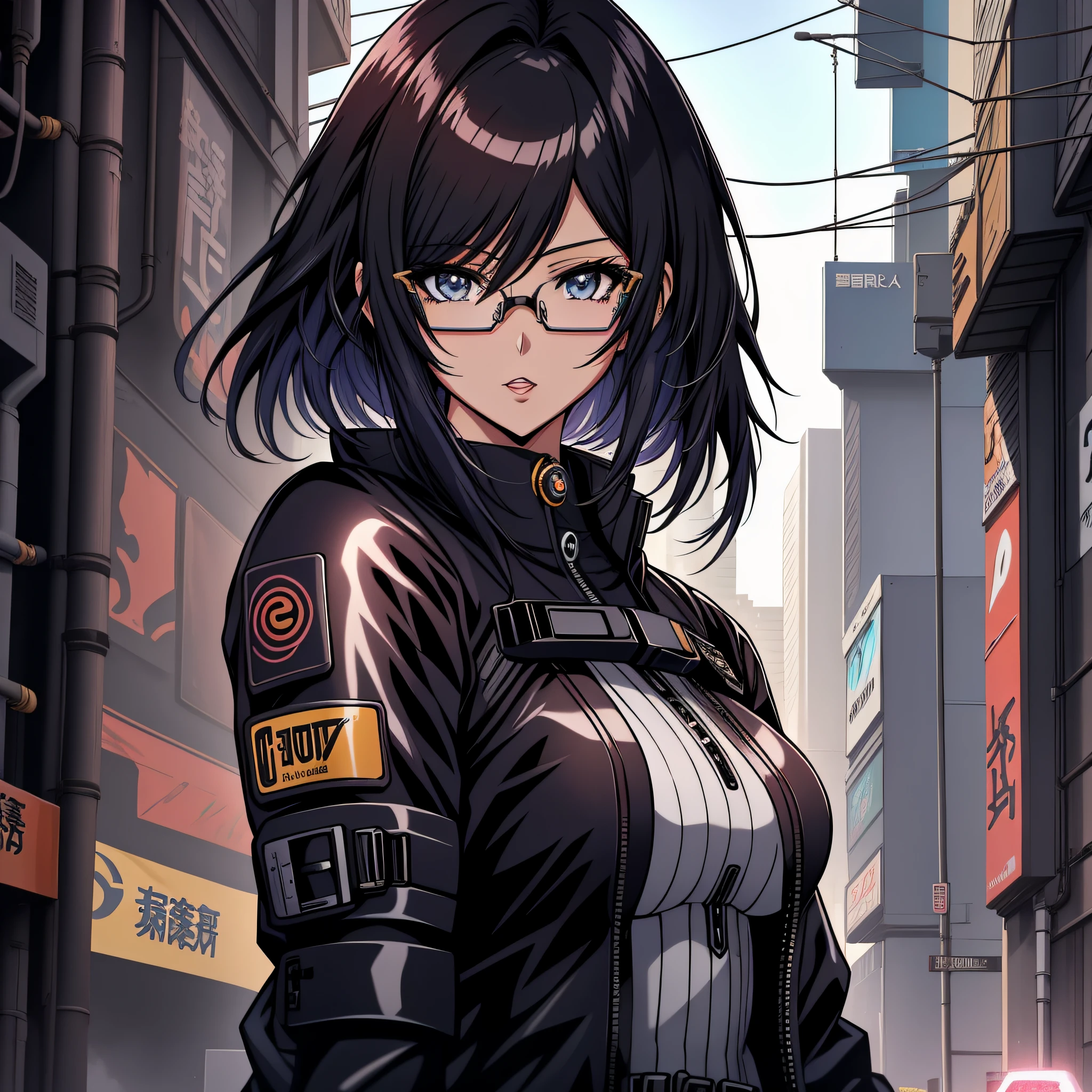 Anime - imagem de estilo 1mulher com olhos azuis e Bblack hair, Bblack hair, thick eyebrow, face of a 27 year old woman, 27 year old young man, cloused mouth, cyberpunk anime art, (cloused mouth: 1.5), (double eyelid), (Bblack hair: 1.3) wearing dress, digital cyberpunk anime art, cyberpunk anime art, range murata and artgerm, eyeglass, futuristic clothing, wearing dress, stylish dress, Technological dress, transparent spectacle lenses, 极其详细的Artgerm, modern cyberpunk anime, artgerm and atey ghailan, artgerm and genzoman, cloused mouth