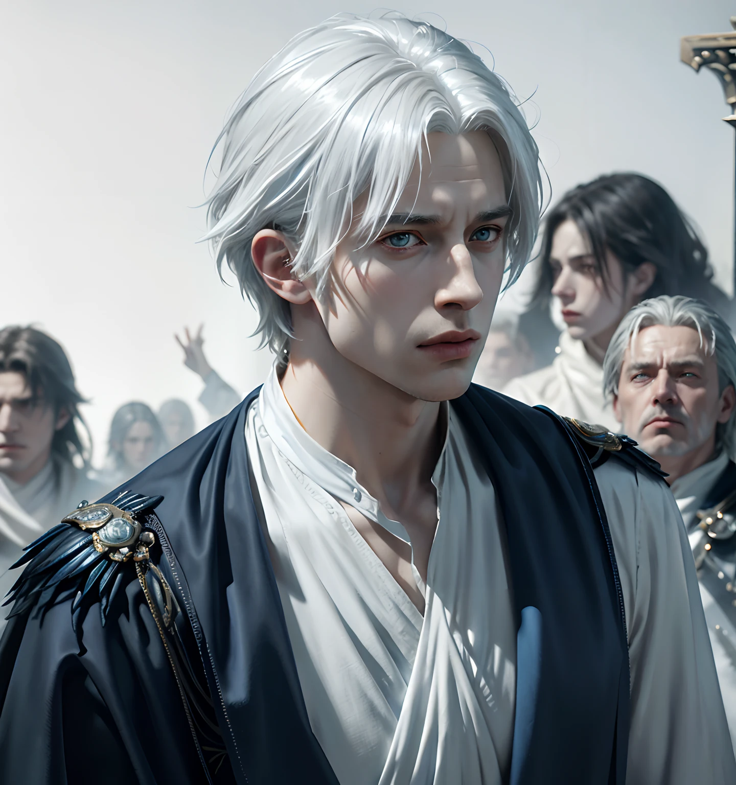 1 young man, white hair and blue dress and blue cape, androgynous noble, delicate androgynous, handsome, royal elegant pose, 1man, stern look, 6th Century catastrophe, post-apocalypse, solo focus, adult, pale and young adult face, palace, realistic, dynamic pose realistic, detailed and correct facial structure, frost ornaments, LEON S. KENNEDY, cinematic lighting, unreal engine, trending on ArtStation, intricate details, masterpiece, best quality, by Irakli Nadar, Greg Rutkowski，(((best quality))),(((ultra detailed))),(((masterpiece)))