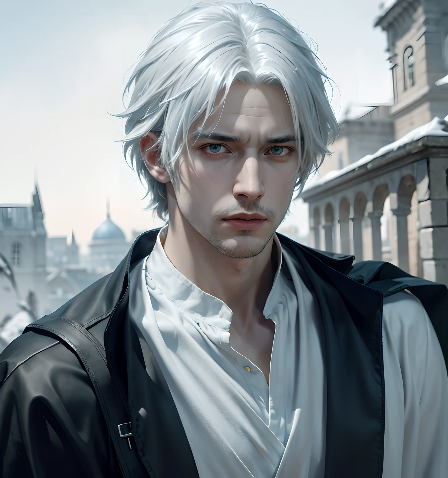 1 young man, white hair and blue dress and blue cape, androgynous noble, delicate androgynous, handsome, royal elegant pose, 1man, stern look, 6th Century catastrophe, post-apocalypse, solo focus, adult, pale and young adult face, palace, realistic, dynamic pose realistic, detailed and correct facial structure, frost ornaments, LEON S. KENNEDY, cinematic lighting, unreal engine, trending on ArtStation, intricate details, masterpiece, best quality, by Irakli Nadar, Greg Rutkowski，(((best quality))),(((ultra detailed))),(((masterpiece)))