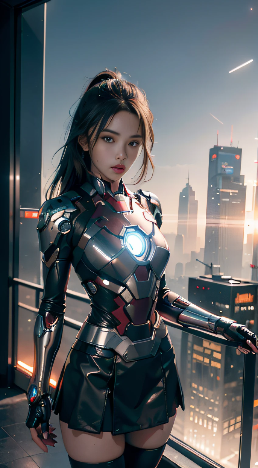 8k，realisticlying，Glamorous，The is very detailed，A 20-year-old girl, a sexy and charming woman, is inspired by Iron Man，Wearing a shiny Iron Man skirt。She dresses to show sexiness and confidence，It perfectly interprets the power and charm of Iron Man。In a cyberpunk-style night view of the city，A sexy and charming woman with an actor-playing theme for Iron Man。She wears a shiny Iron Man skirt，Stand on a street lined with tall buildings。The night view of the city is brightly lit，Reflected on her mech，It adds a sense of futuristic technology。The surrounding buildings and streets are full of cyberpunk elements，Like neon lights、High-tech installation and futuristic architectural design。The whole scene is full of futuristic and sci-fi atmosphere。This one is high definition、High-quality images will give you a stunning visual enjoyment，Will be sexy、Futuristic and sci-fi elements are a perfect combination。OC rendering，dramatic lights，Award-winning quality