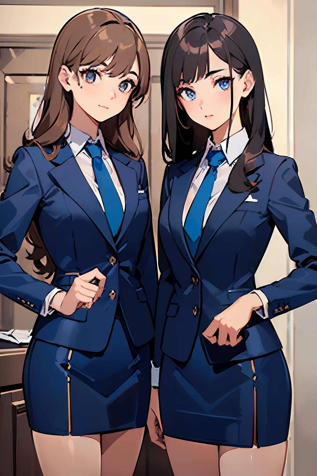 ((masterpiece, best quality, 8k, highres:1.2)), blue skirt suit, highleg, hazel eyes, blue blazer, blue pencil skirt, upper body, (brown hair, curly hair, long hair), (2girls, duo, twins, clones), (matching hairstyles, matching faces, matching outfits)