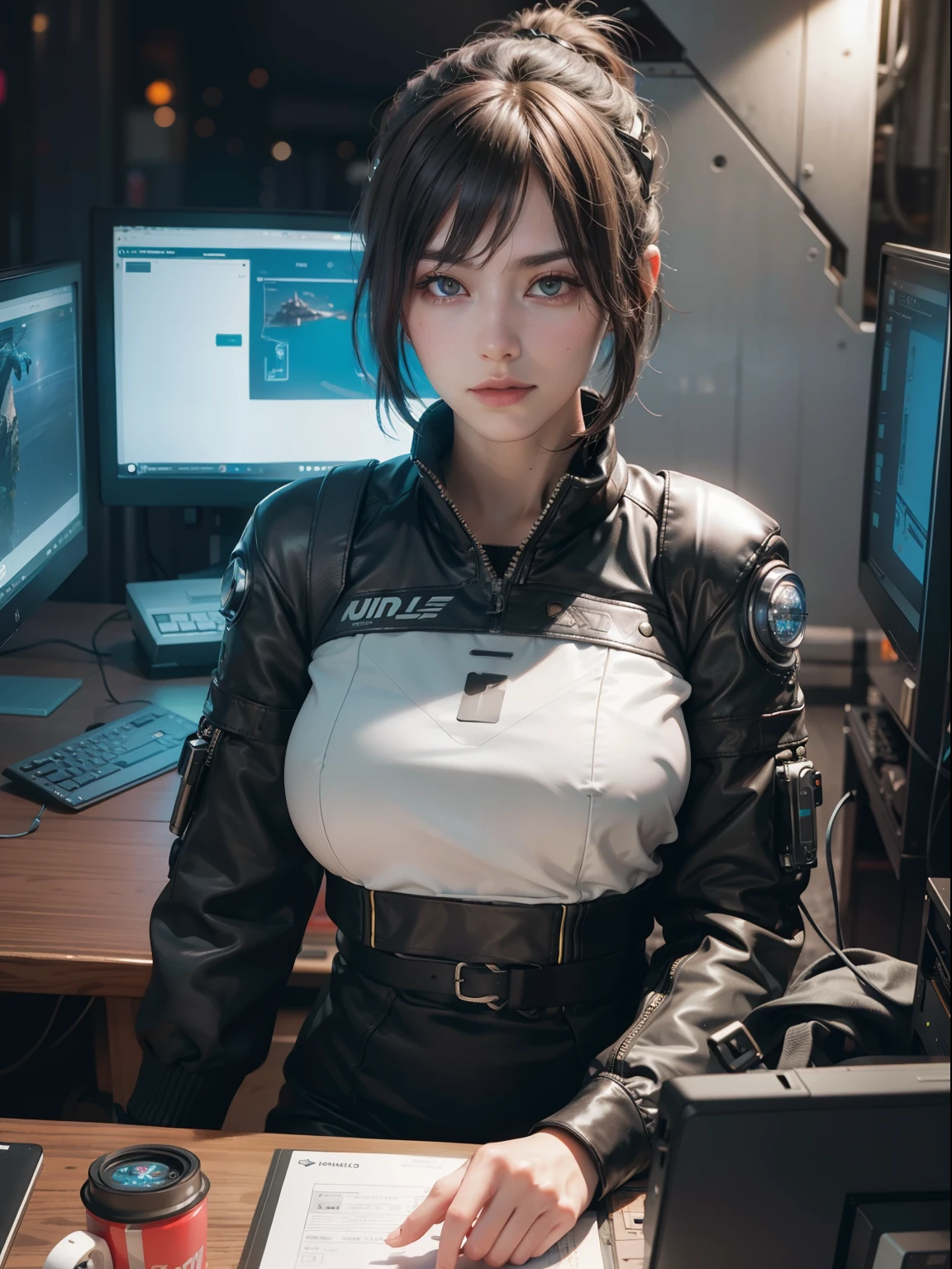 Arafed woman in a leather jacket sitting at a desk with a computer ...