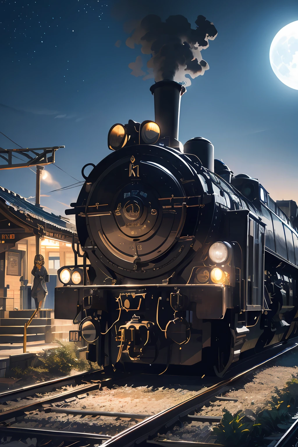 Brick station，The steam locomotive stopped，A female traveler carries a travel bag. She has a beautiful face and bright eyes. She wears elaborate ornaments. Fantastic platform，Train illuminated by moonlight. Detailed drawing. Vivid colors. High image quality. --S 1000 --AR 4:5 --5

↑ DeepL's English culture。The original text is ↓

Steam locomotives stopped at the brick station and、Female travelers with travel bags。For a beautiful face、Brightly Colored Eyes。Wear intricate and delicate ornaments。Train illuminated by moonlight、Fantastic station platforms。Detailed drawing。Vibrant colors。high-level image quality。