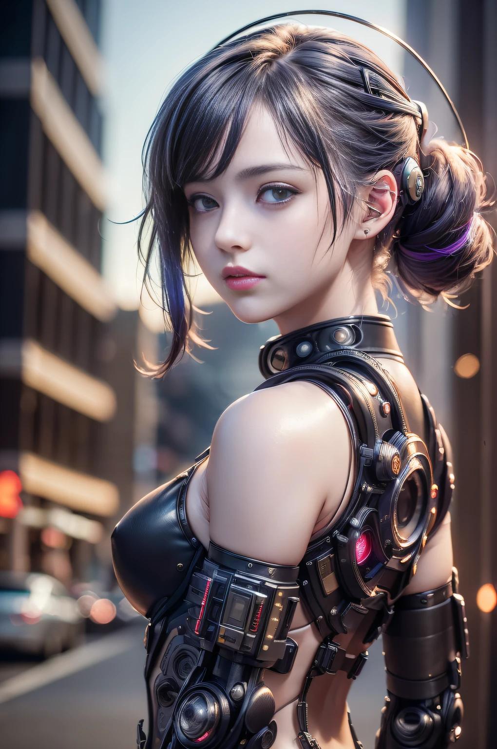 (Top Qualität,8K,32K,Meisterwerk,nffsw:1.3),Eine hohe Auflösung,(Photorealsitic:1.4),RAW-Foto, cyber punk Girl, Niedliche Gesichtsdetails, Cyberpunk Hair, Cyberpunk Fashion, sehr detailreiche Kleidung, Halbkörperaufnahme, ,Cyberpunk-Stadthintergrund, Hintergrundbeleuchtungseffekt, Linsenreflexion, Tiefenschärfe,CBPKV5