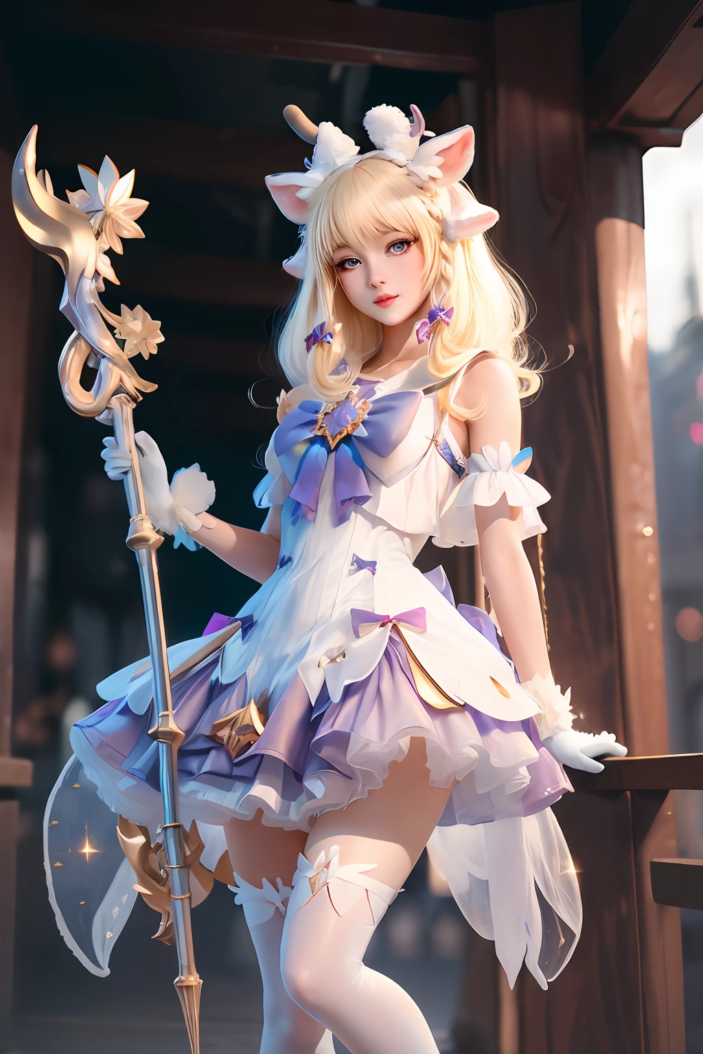 ((Very detailed CG)),1girll,Masterpiece,exquisiteCGrendering,(High detail skin:1),Smooth skin,Super high resolution,Sparkling eyes,Perfect body,Feminine body,Refined facial features,mitts, White_mitts, dress, White_legwear, Solo, Blonde_Hair,deer antlers >