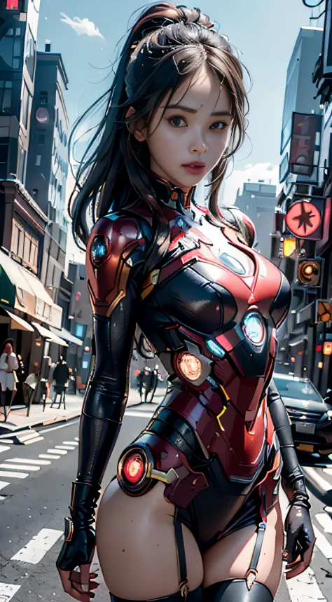 8K，realisticlying，Glamorous，The is very detailed，A 20-year-old girl, a sexy and charming woman, inspired by Iron Man，Wearing a s...