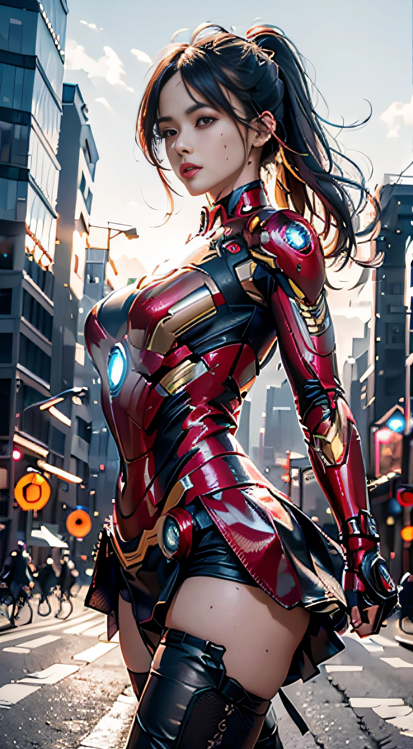 8K，realisticlying，Glamorous，The is very detailed，A 20-year-old girl, a sexy and charming woman, inspired by Iron Man，Wearing a shiny Iron Man dress。She dresses to show sexiness and confidence，It perfectly interprets the power and charm of Iron Man。In a cyberpunk-style night view of the city，A sexy and charming woman with an actor-playing theme for Iron Man。She wears a shiny Iron Man dress，Stand on a street lined with tall buildings。The night view of the city is brightly lit，Reflected on her mech，It adds a sense of futuristic technology。The surrounding buildings and streets are full of cyberpunk elements，Like neon lights、High-tech installation and futuristic architectural design。The whole scene is full of futuristic and sci-fi atmosphere。This one is high definition、High-quality images will give you a stunning visual enjoyment，Will be sexy、Futuristic and sci-fi elements are a perfect combination。oc rendered，dramatic lights，Award-winning quality