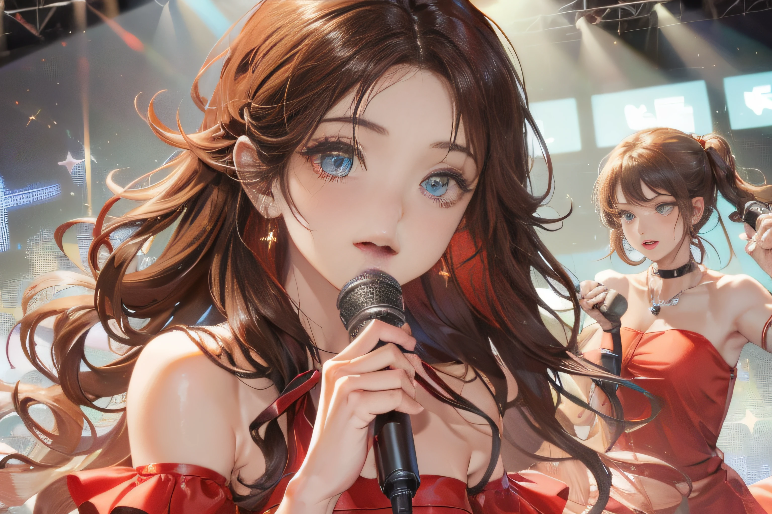 Girl, solo, jewelry, long hair, necklace, earrings, looking at the audience, idol, stage costume, on stage, holding a microphone, cowboy camera, shoulder off, bare shoulders, wavy hair, ((singing with microphone)), bright picture, pretty eyes, lips, parted lips, happy, radiant singing, skirt, ruffles, (Red dress :1.3), with a starlit stage in the background and girls singing on it