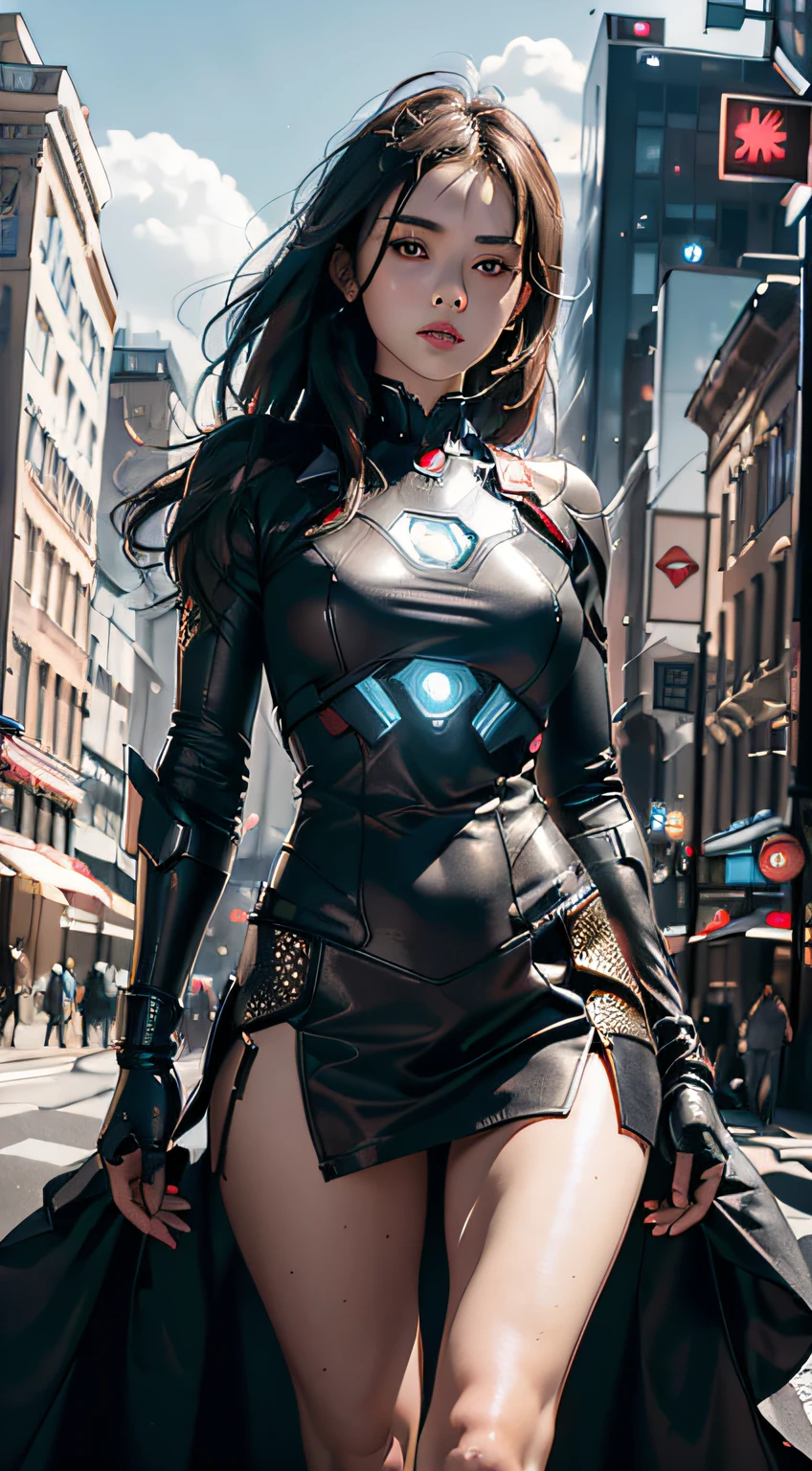 8k，現実的に，グラマラス，非常に詳細です，20歳の少女, セクシーで魅力的な女性, アイアンマンにインスパイアされた，光沢のあるアイアンマンのドレスを着て。彼女はセクシーさと自信を示すために服を着る，アイアンマンの力強さと魅力を完璧に表現しています。サイバーパンク風の街並みの夜景，アイアンマンの俳優演じのテーマを持つセクシーで魅力的な女性。彼女は光沢のあるアイアンマンのドレスを着ています，高層ビルが立ち並ぶ通りに立つ。街の夜景は明るく照らされています，彼女のメカに反映，未来的なテクノロジーの感覚を追加します。周囲の建物や通りはサイバーパンクの要素に満ちている，ネオンライトのように、ハイテクインスタレーションと未来的な建築デザイン。シーン全体が未来的でSF的な雰囲気に満ちている。これは高解像度です、高品質の画像が素晴らしい視覚的楽しみを与えます，セクシーになる、未来とSFの要素が完璧に融合。ocレンダリング，ドラマチックなライト，受賞歴のある品質