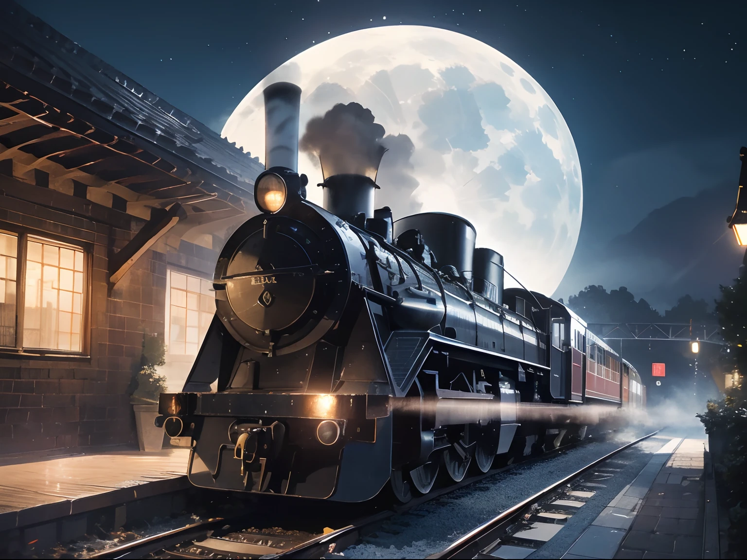 Brick station，The steam locomotive stopped，A female traveler carries a travel bag. She has a beautiful face and bright eyes. She wears elaborate ornaments. Fantastic platform，Train illuminated by moonlight. Detailed drawing. Vivid colors. High image quality. --S 1000 --AR 4:5 --5

↑ DeepL's English culture。The original text is ↓

The steam locomotive was parked at the brick station，、Female travelers with travel bags。For a beautiful face、Brightly Colored Eyes。Wear intricate and delicate ornaments。Train illuminated by moonlight、Fantastic station platforms。Detailed drawing。Vibrant colors。high-level image quality。