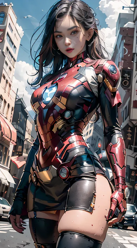 8K，realisticlying，Glamorous，The is very detailed，A 20-year-old girl, a sexy and charming woman, inspired by Iron Man，Wearing a s...