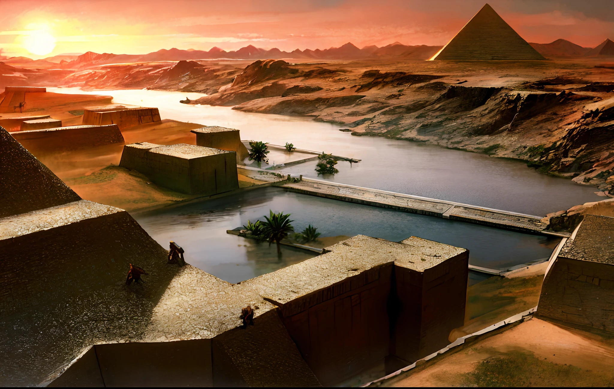 Civilisation égyptienne antique，plan large，le Nil，pyramide，soleil couchant，La rivière s&#39;étend jusqu&#39;à l&#39;horizon，sens épique，Sens de la grandeur