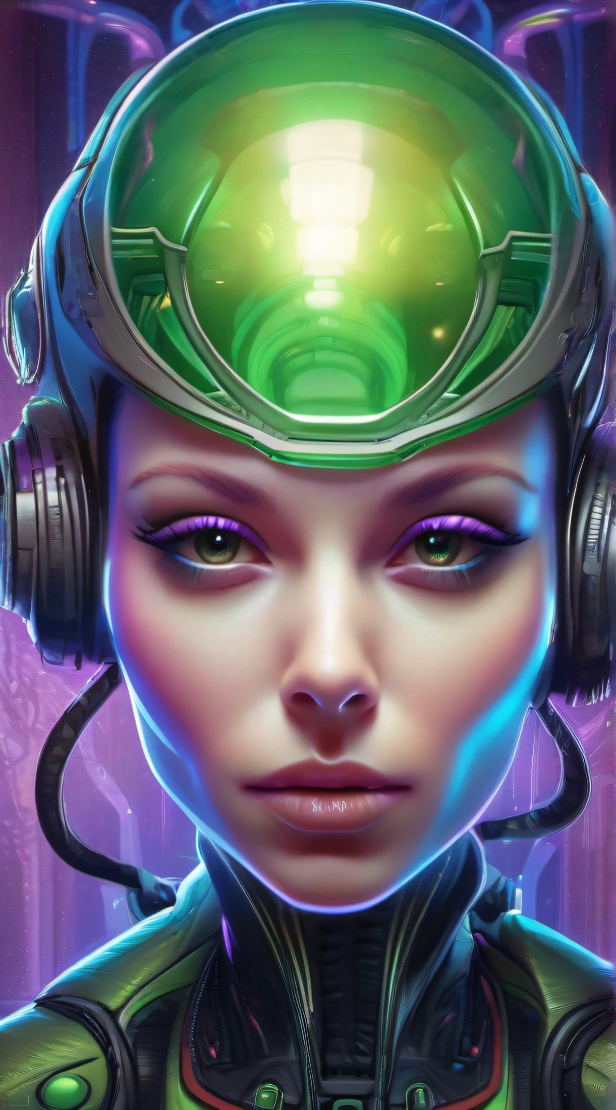 A woman with headphones and a green helmet on - SeaArt AI