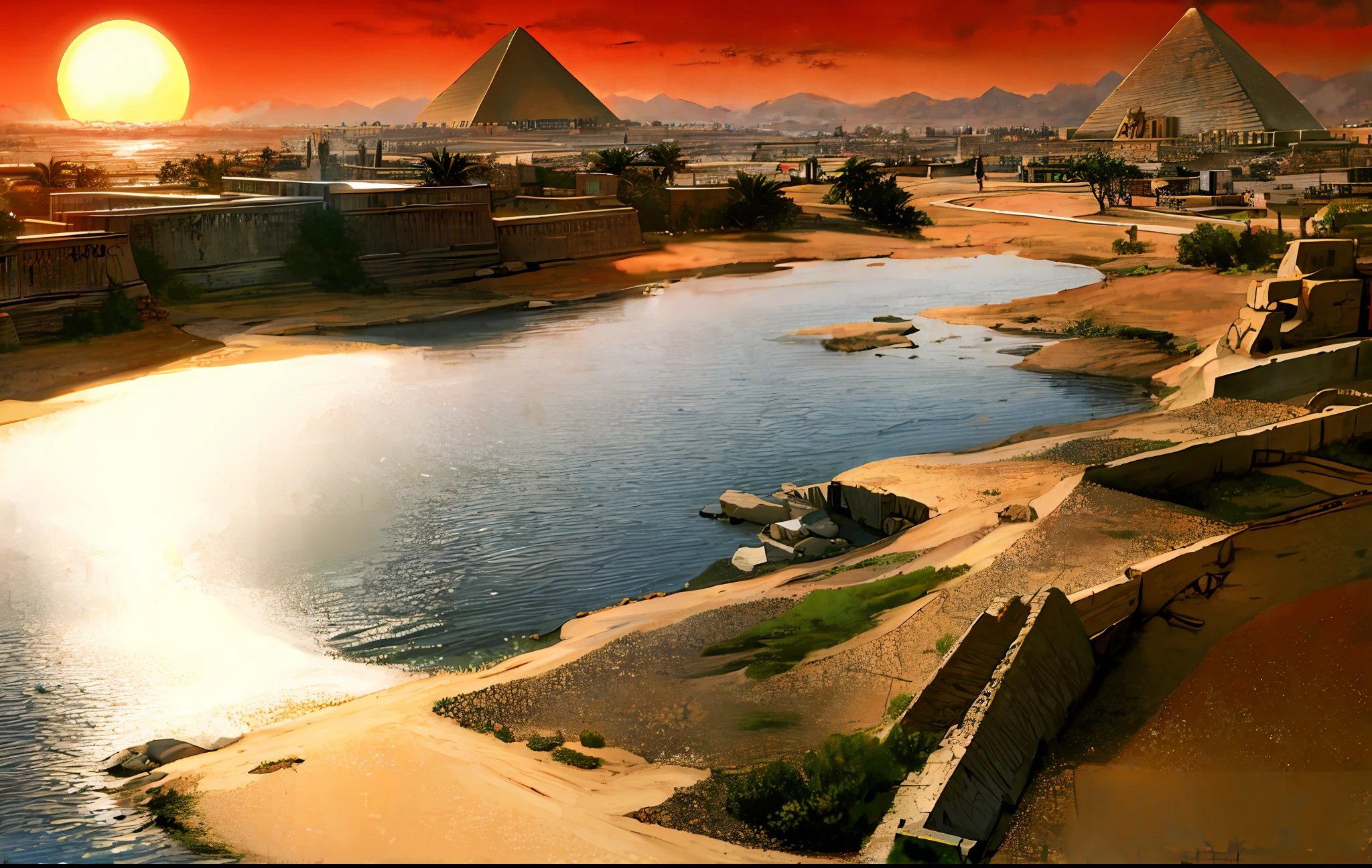 古代エジプト文明，ワイドワイドショット，ナイル川，ピラミッド，夕日，川は地平線まで続く，壮大な感覚，壮大感
