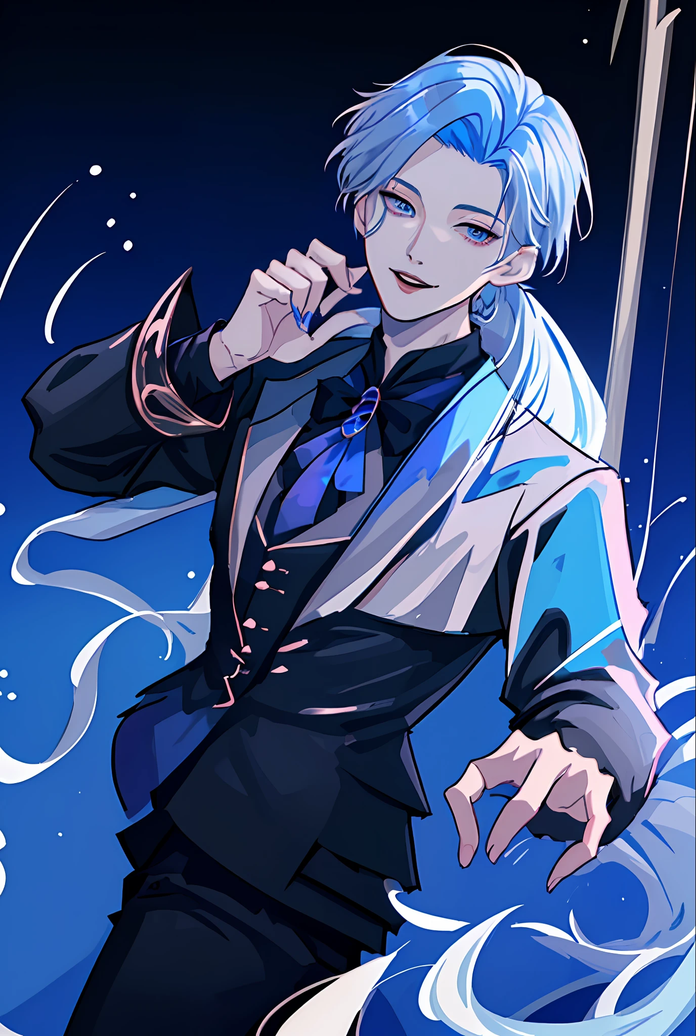 Moonlight behind, Standing by the seaside, Man with light blue hair, inspired by Sim Sa-jeong, nixeu and sakimichan, Inspired by Wang Duo, Morgoth, inspired by Bian Shoumin, Virtual Self, looking this way, inspired by Gang Se-hwang, inspired by jeonseok lee, Tumbler, high-level image quality、 beautiful male、tall、window、𝓡𝓸𝓶𝓪𝓷𝓽𝓲𝓬、Korean Male, k pop, Professional Photos, Vampires, À la Fed Man with Necklace, inspired by Sim Sa-jeong, androgynous vampire, :9 detailed face: 8, extra detailed face, ((eyes are brown)) baggy eyes, Seductive. Highly detailed, semi realistic anime, Vampires, hyperrealistic teen, delicate androgynous prince, imvu, With bangs, long, Mushroom hair, Rounded hairstyle, Korean style hairstyle, Gentle expression, Smiling expression, Cool pose, Korean fashion with white chest plate visible Y-shirt and black pants