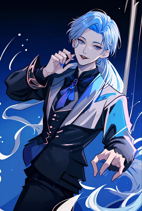 Moonlight behind, Standing by the seaside, Man with light blue hair, inspired by Sim Sa-jeong, nixeu and sakimichan, Inspired by...