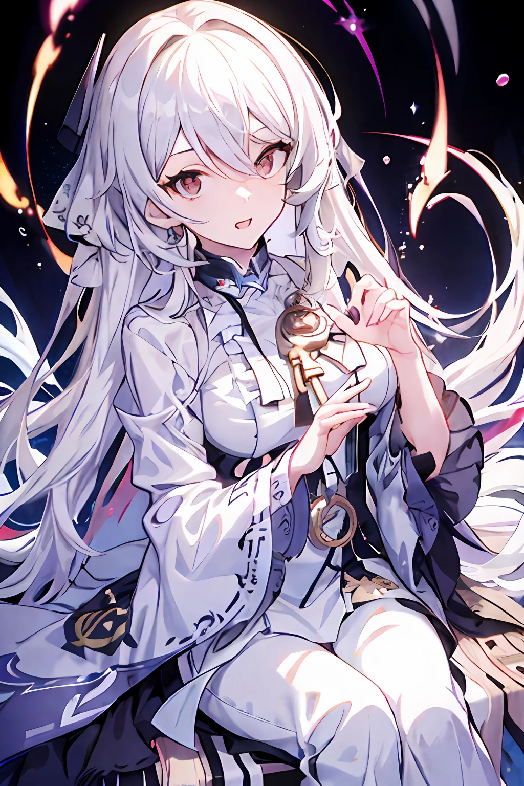 Anime girl with long white hair sitting on chair, white-haired god, Official artwork, high detailed official artwork, An anime cover, anime visual of a cute girl, Detailed key anime art, Ayaka Genshin impact, Best anime 4k konachan wallpaper, Splash art anime Loli, anime moe art style, A scene from the《azur lane》videogame, white haired Cangcang