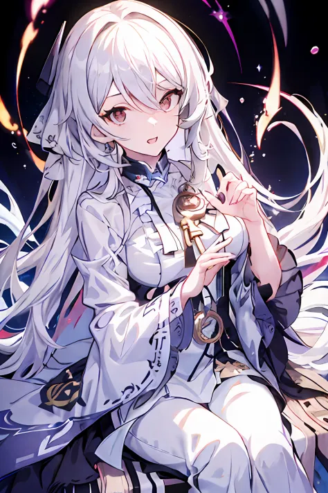 Anime girl with long white hair sitting on chair, white-haired god, Official artwork, high detailed official artwork, An anime c...
