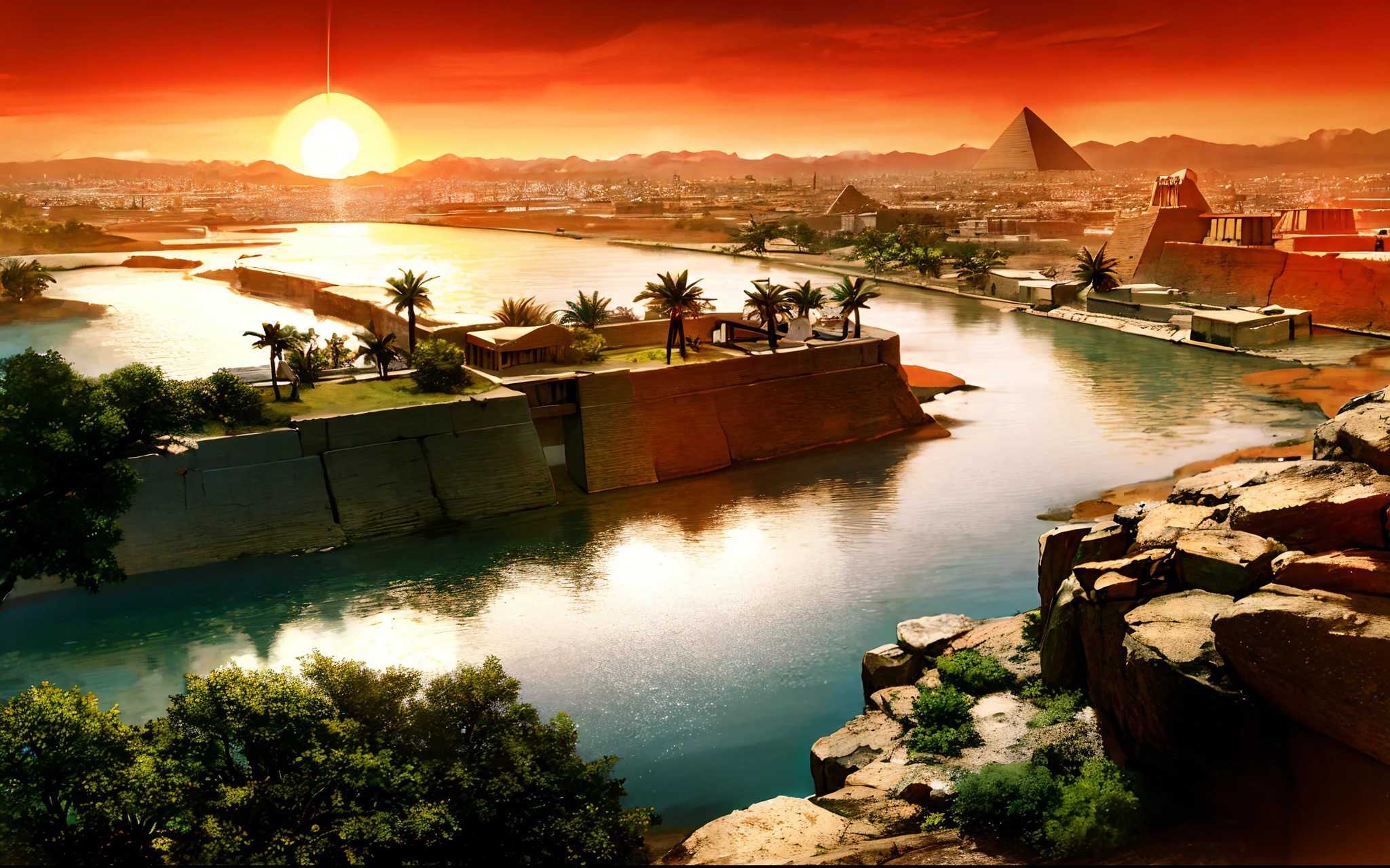 Civilisation égyptienne antique，plan large，le Nil，pyramide，soleil couchant，La rivière s&#39;étend jusqu&#39;à l&#39;horizon，sens épique，Sens de la grandeur