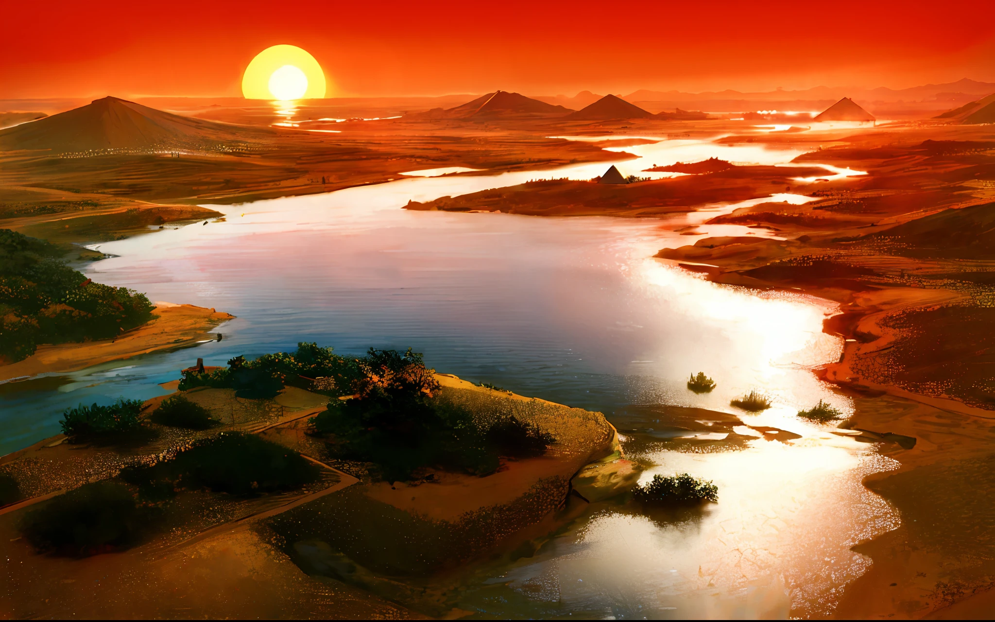 الحضارة المصرية القديمة，لقطة واسعة واسعة，نهر النيل，هرم，غروب الشمس，ويمتد النهر إلى الأفق，شعور ملحمي，الشعور بالعظمة