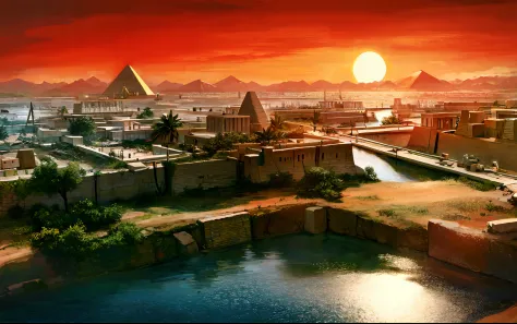 Ancient Egyptian civilization，wide wide shot，Nile River，pyramid，setting sun，The river extends to the horizon，epic sense，Sense of...