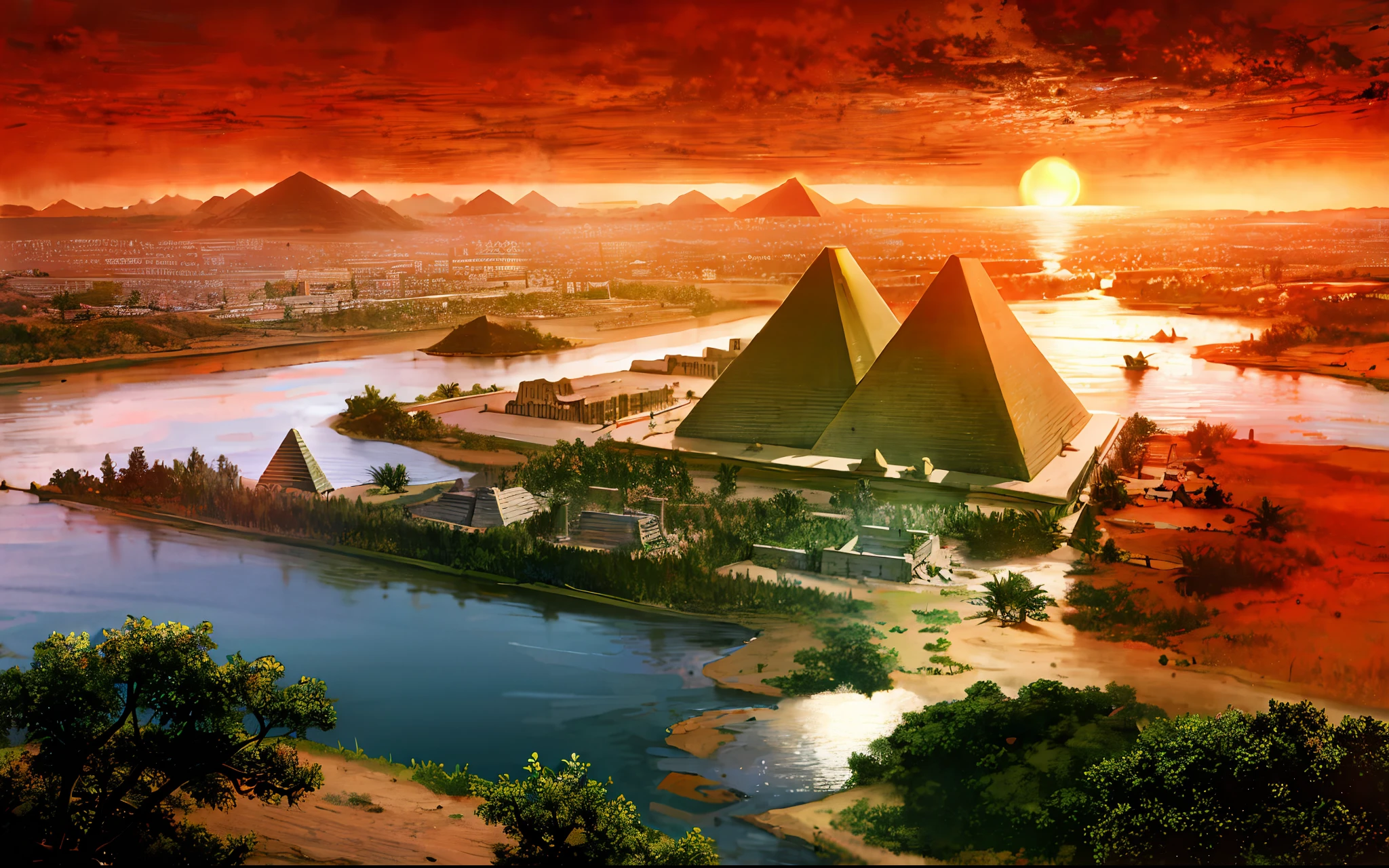 고대 이집트 문명，와이드 와이드 샷，나일 강，피라미드，지는 해，강은 수평선까지 뻗어있다，서사적 감각，웅장함