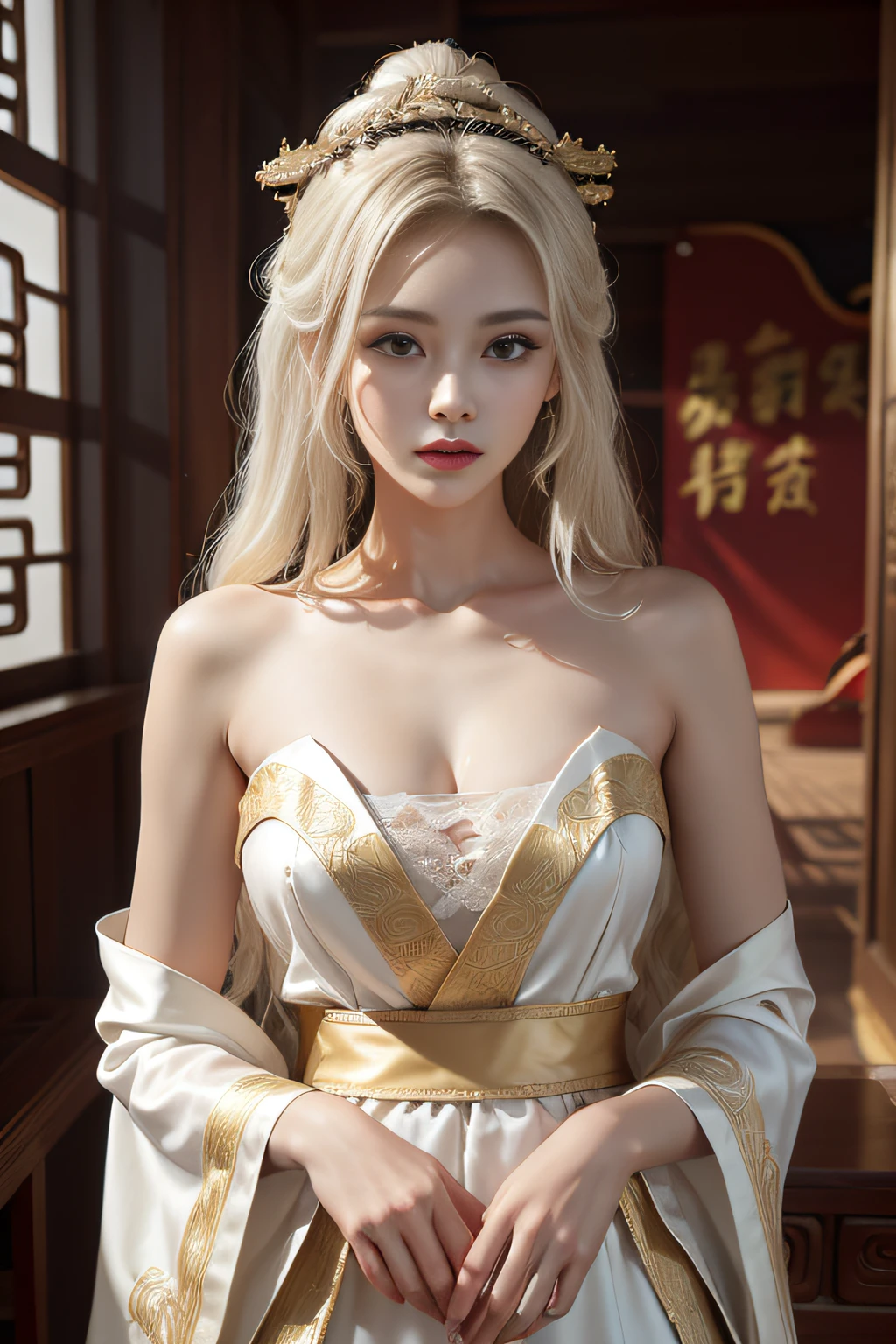 finedetail, Surreal photo,
one-girl,cabelos preto e longos,Dressed gorgeously,Dress nobly,Noble robes,nobles,Embroidery,Weaving gold,Yellow and white hanfu,,exposed bare shoulders,Smooth shoulders,
Chinese Ancient Architecture,Ancient Chinese palaces,Ancient Chinese royal palace,Ancient Chinese palaces,