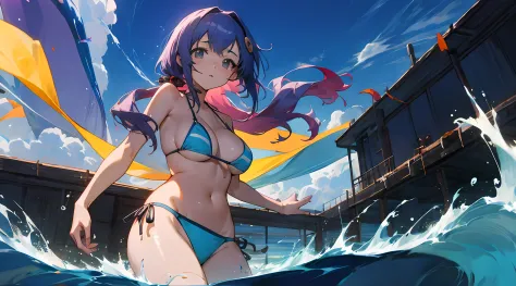 Anime girl in bikini in ocean，In the background is a building, Anime girl walking on water, 4K anime wallpapers, 4k manga wallpapers, style of anime4 K, Kantai collection style, ultra hd anime wallpaper, Anime wallpaper 4 km, Anime wallpapers 4K, anime big...