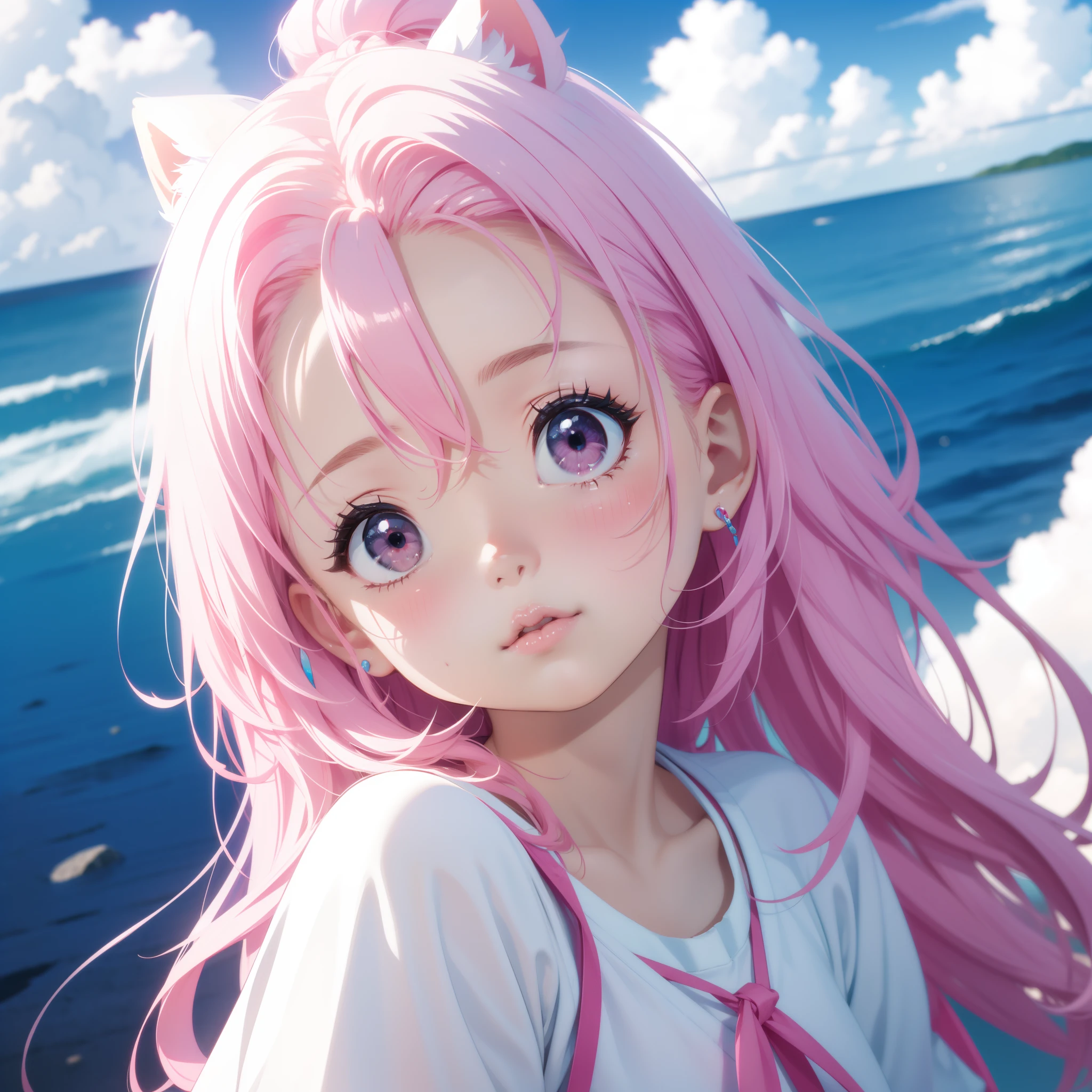 Anime girl with pink hair and cat ears standing on the beach - SeaArt AI