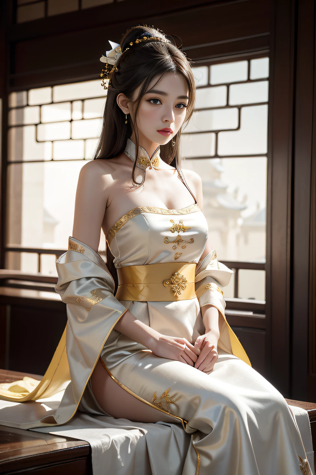 finedetail, Surreal photo, one-girl,cabelos preto e longos,Dressed gorgeously,Dress nobly,Noble robes,nobles,Embroidery,Weaving gold,Yellow and white hanfu,,exposed bare shoulders,Smooth shoulders, Chinese Ancient Architecture,Ancient Chinese palaces,Ancient Chinese royal palace,Ancient Chinese palaces,