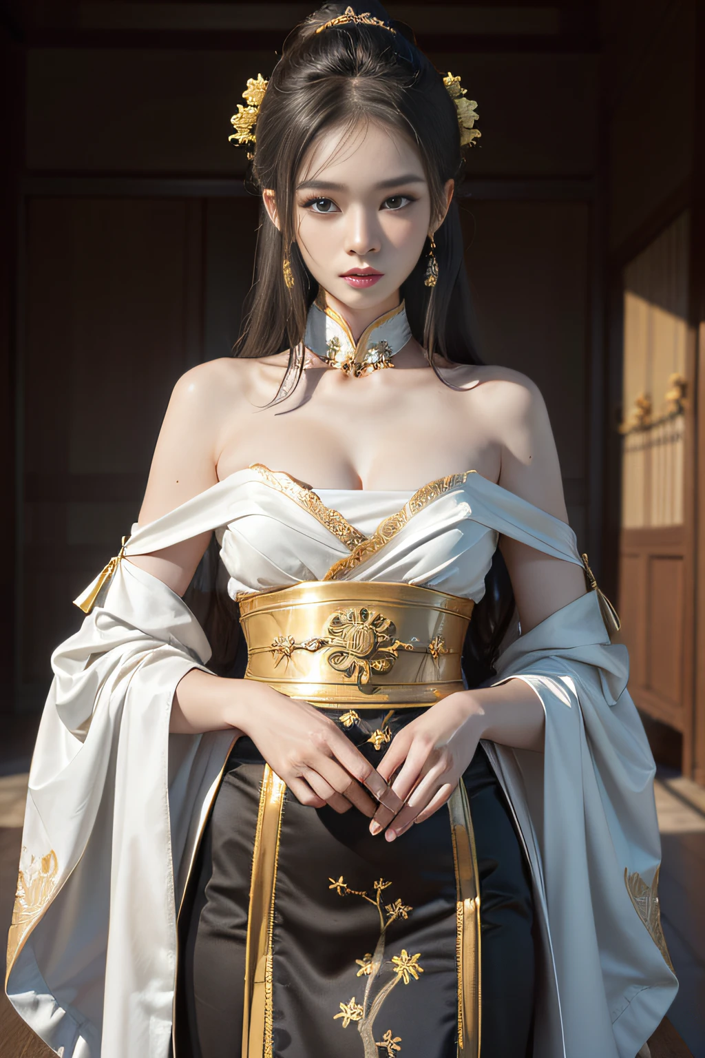 finedetail, Surreal photo, one-girl,cabelos preto e longos,Dressed gorgeously,Dress nobly,Noble robes,nobles,Embroidery,Weaving gold,Yellow and white hanfu,,exposed bare shoulders,Smooth shoulders, Chinese Ancient Architecture,Ancient Chinese palaces,Ancient Chinese royal palace,Ancient Chinese palaces,