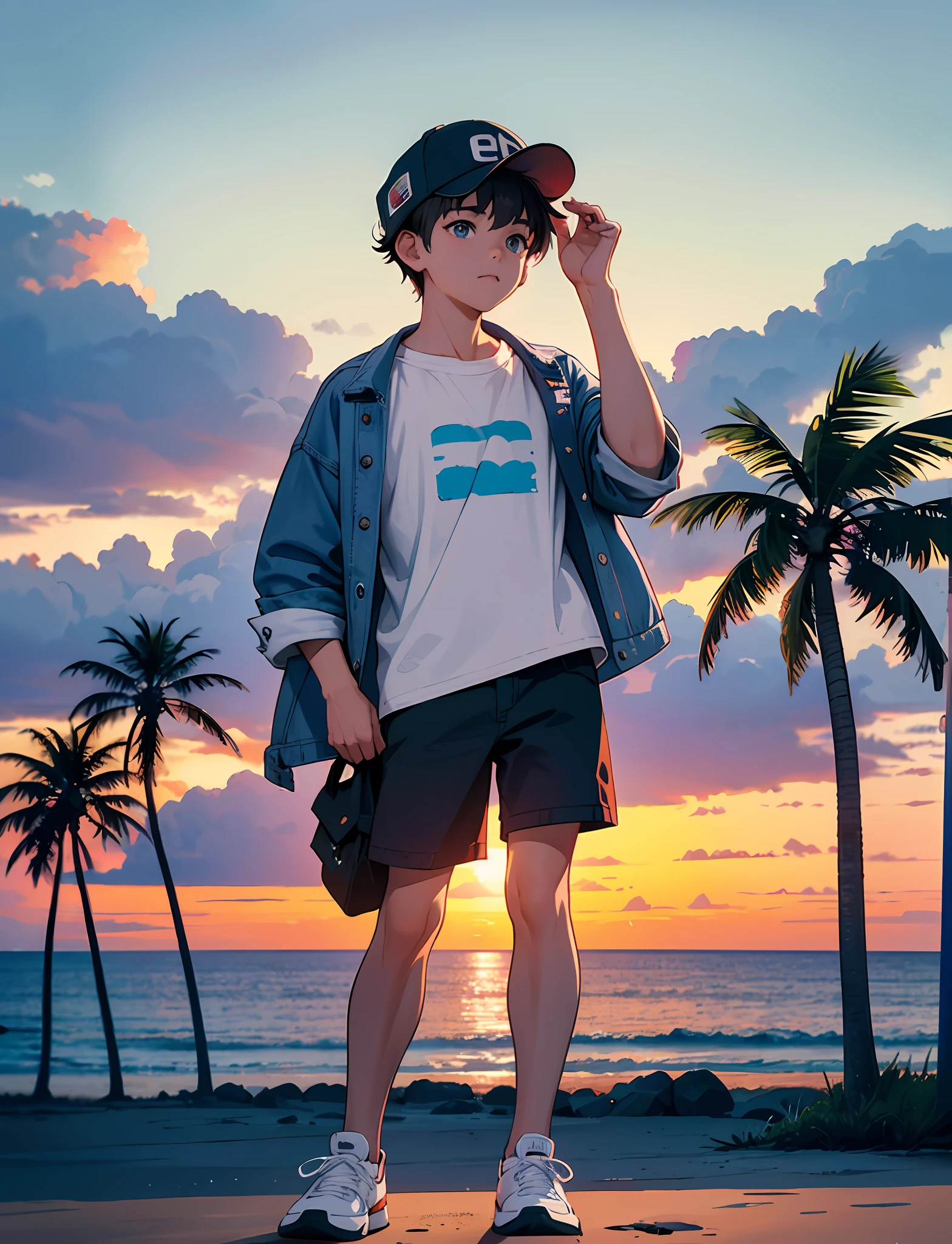 A young boy with，Wear a denim jacket，Wear sneakers，With a baseball cap，Sit on a reef by the sea，There are coconut trees on the beach，(Looking at the clouds in the sky)，pondering，The background is the sea，Sunset and sunset，Full body photo，Ultra-high definition