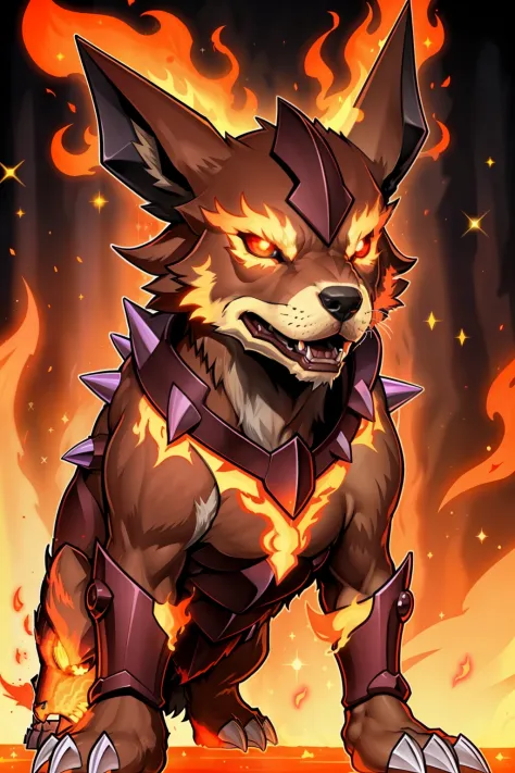 1dog, (Type: Fire) , crimson fire head, fire demon, spiky skin, agony, small, (wild:1.2), powerful, (level: 9), solo, best quality, master peice, glowing, yugioh style, yugioh monster, duel monster, outline, digimon, pokemon, sparkle