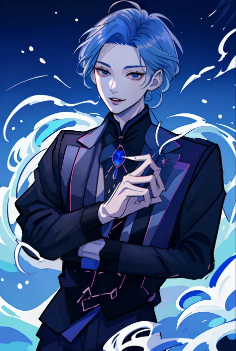 Moonlight behind, Standing by the seaside, Man with light blue hair, inspired by Sim Sa-jeong, nixeu and sakimichan, Inspired by...