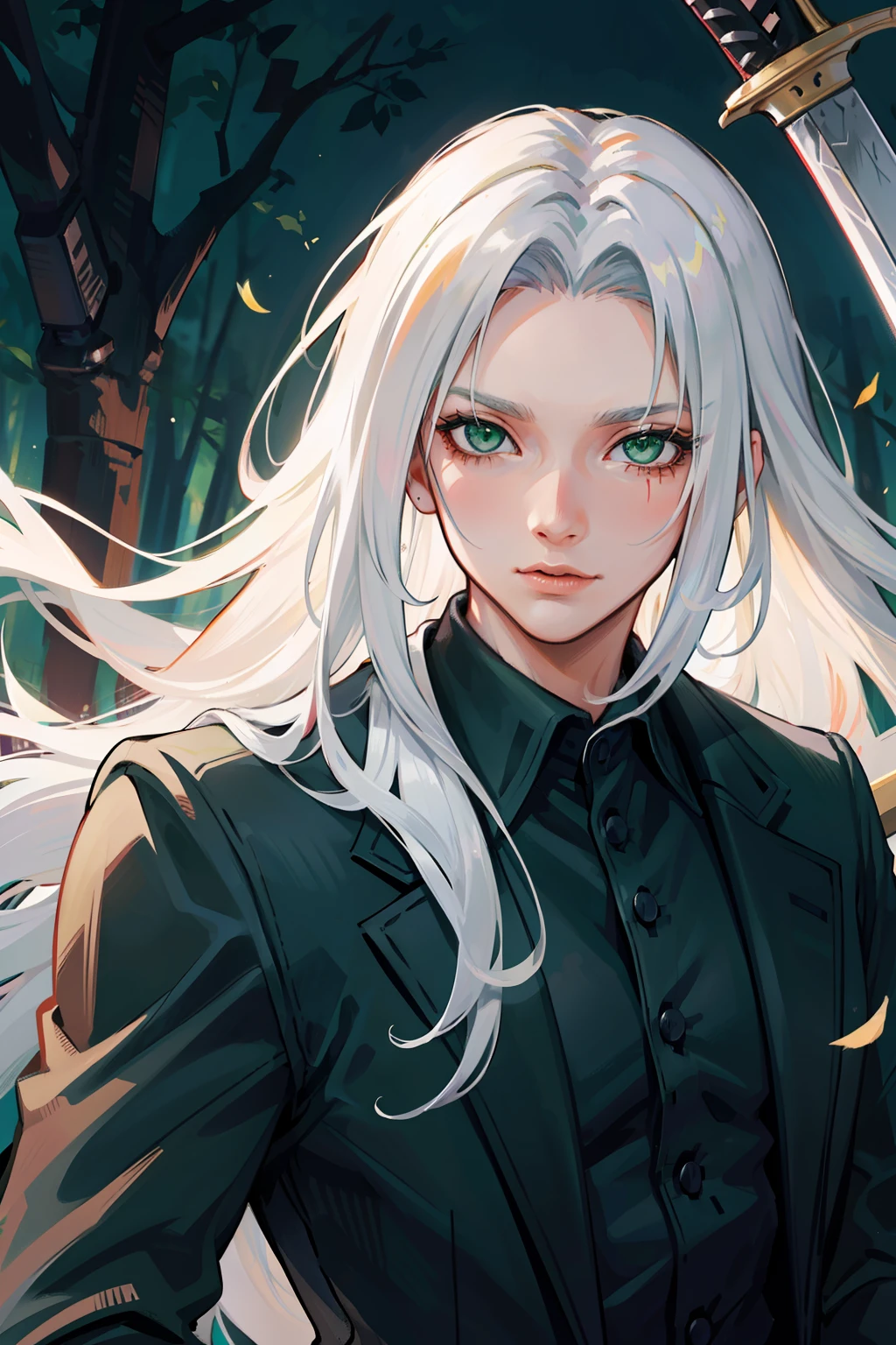 (masterpiece), best quality, detailed hair detailed face, ultra high res, sharp focus, ((1 man, solo)), perfect masculine face, upper body, close up, (at the night time:1.2), in the forest, Sephiroth from Final Fantasy, look at the viewer, face full of blood, silver white hair, flowing long hair, ((perfect shape eyes, green eyes)), (formal masculine all black outfit:1.2), (holding long sword masamune:1.2)