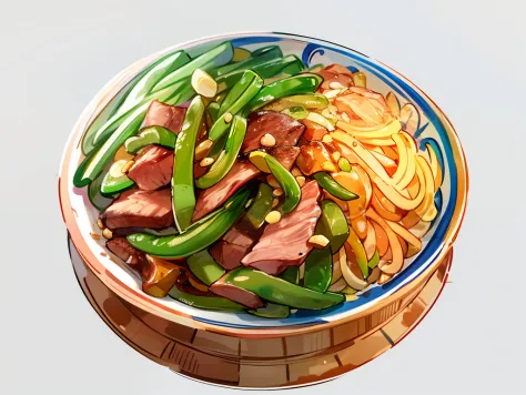 There is a bowl of stir-fried shredded meat and green beans and potatoes,Barreled, bowl filled with food, Stir-fry shredded meat...