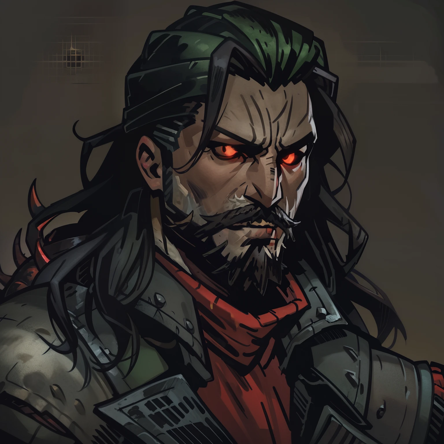 Darkest dungeon style, one man, hunk, shoulder long hair, cruel face, short beard, glowing red eyes, dark hair, wearing big green classy coat, red shirt, dragon scales