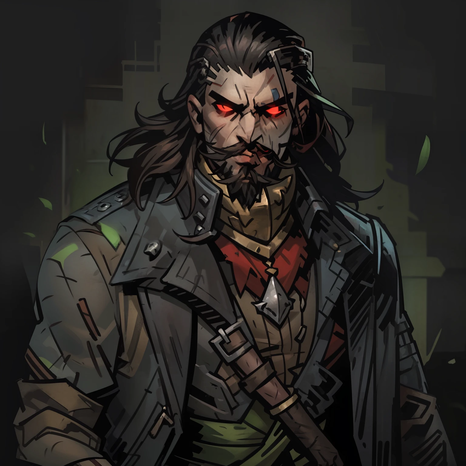 Darkest dungeon style, one man, hunk, shoulder long hair, cruel face, short beard, glowing red eyes, dark hair, wearing big green classy coat, red shirt, dragon scales