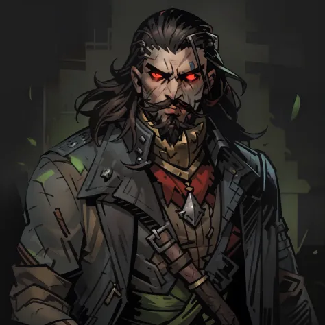 Darkest dungeon style, one man, hunk, shoulder long hair, cruel face, short beard, glowing red eyes, dark hair, wearing big gree...
