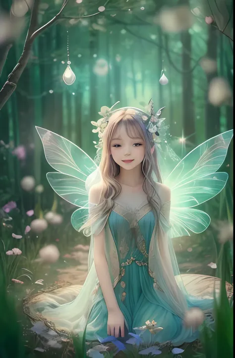 Beautiful fairy with a sense of transparency､Beautiful sparkling forest、Transparent feathers､kindly smile､Animal rain background...