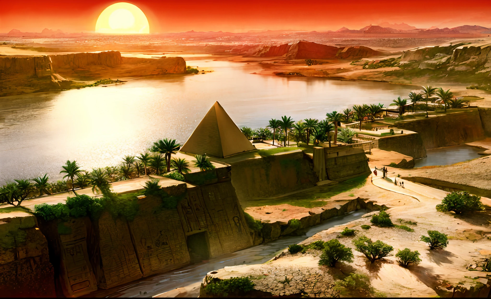 Die altägyptische Zivilisation，Weitwinkelaufnahme，Nil，Pyramide，untergehende Sonne，Der Fluss erstreckt sich bis zum Horizont，epischer Sinn，Sense of grandeur