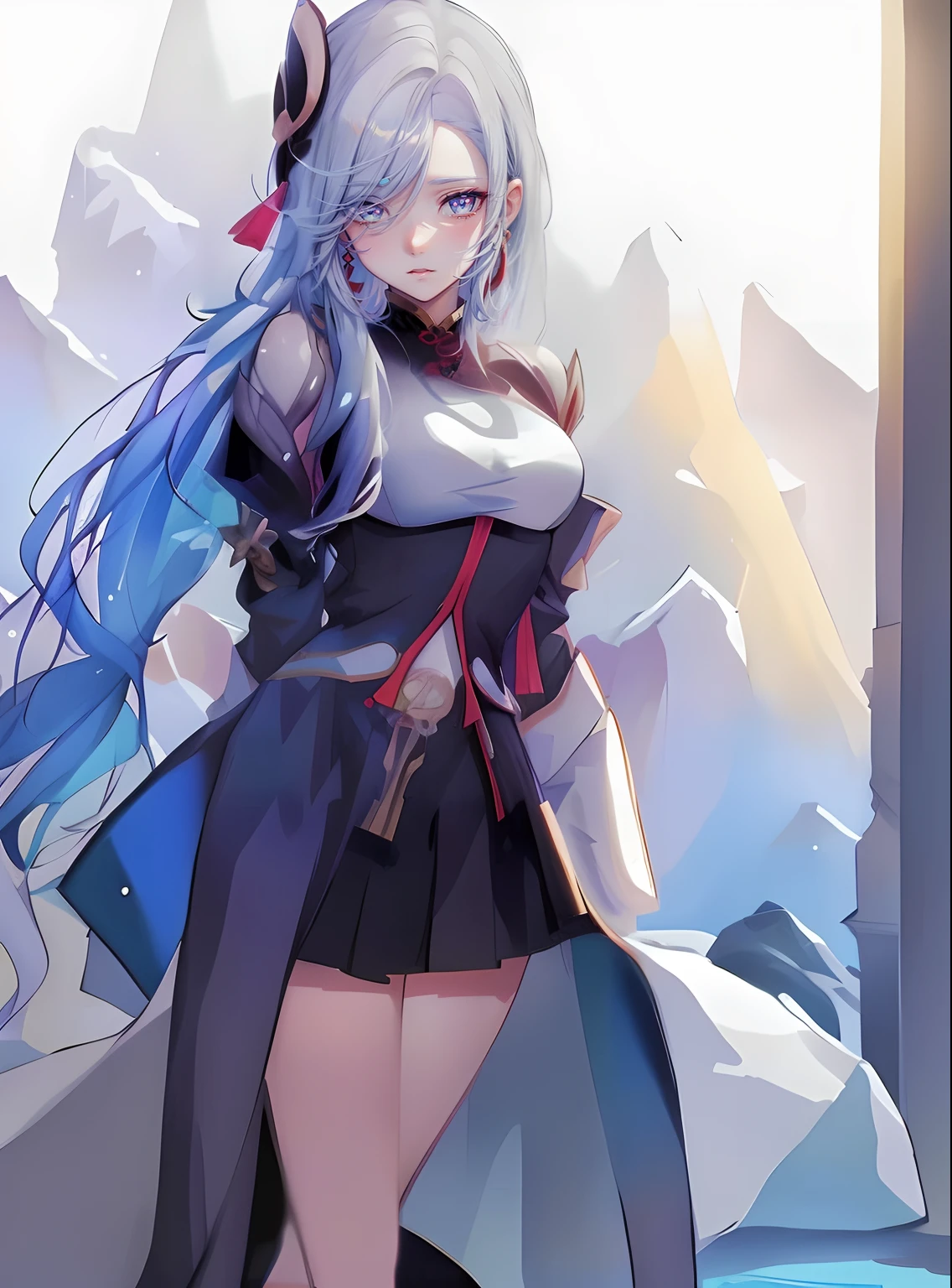 Anime girl with long white hair and blue eyes in a black dress, an anime drawing by Shitao, trending on pixiv, Fantasy art, azur lane style, Keqing from Genshin Impact, white-haired god, From Arknights, Kantai collection style, High Quality Anime Art Style, An anime girl, Beautiful anime artwork, female anime character