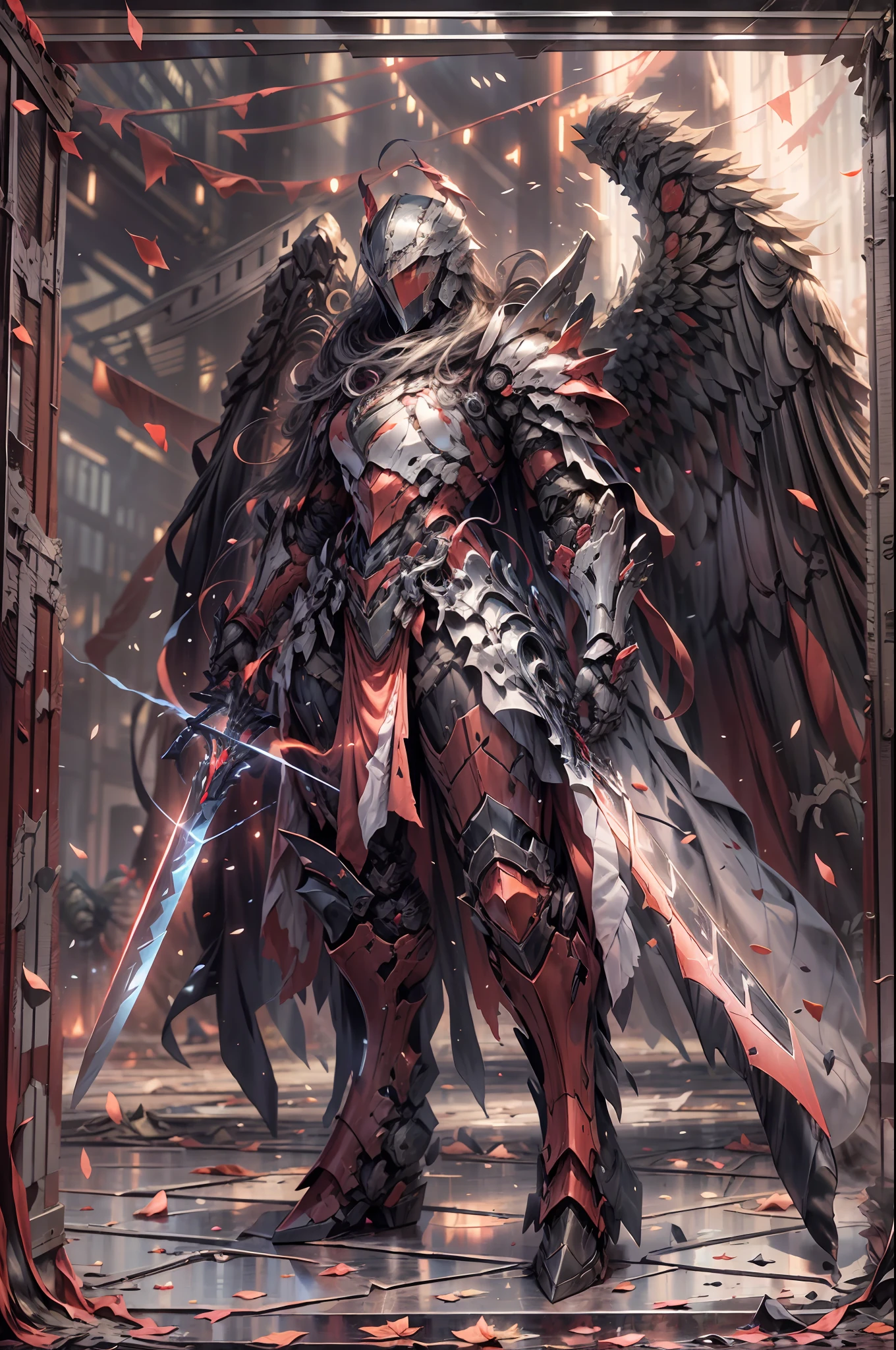 In a realm ravaged by darkness and despair, visualize a scene where a fully armored angelic knight emerges as a beacon of hope. Clad in gleaming armor, the knight stands tall with outstretched wings, exuding an aura of strength and unwavering resolve. Set the scene amidst a desolate battlefield, where the remnants of a fierce battle lay strewn across scorched earth. The sky above crackles with dark energy, hinting at the looming threat that still persists.
BREAK 
Explore the intricate details of the knight's armor, from the polished metal plates adorned with celestial motifs to the ethereal glow emanating from their sword and shield. Consider their expression, capturing the determination and compassion that define their noble purpose.
BREAK 
As the knight surveys the aftermath of the battle, describe the landscape that unfolds - a war-torn land scarred by darkness, yet touched by the faint glimmers of hope. Explore the poignant contrast between destruction and the resilient spirit embodied by the knight.
BREAK 
Craft a story or scene that encapsulates the essence of this moment, delving into the knight's motivations, internal struggles, and the weight of their responsibility as a protector. Consider weaving in elements of the fantastical world they inhabit, such as otherworldly creatures or forces of darkness, to enhance the narrative and fuel the knight's heroic journey.