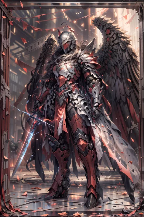 In a realm ravaged by darkness and despair, visualize a scene where a fully armored angelic knight emerges as a beacon of hope. ...