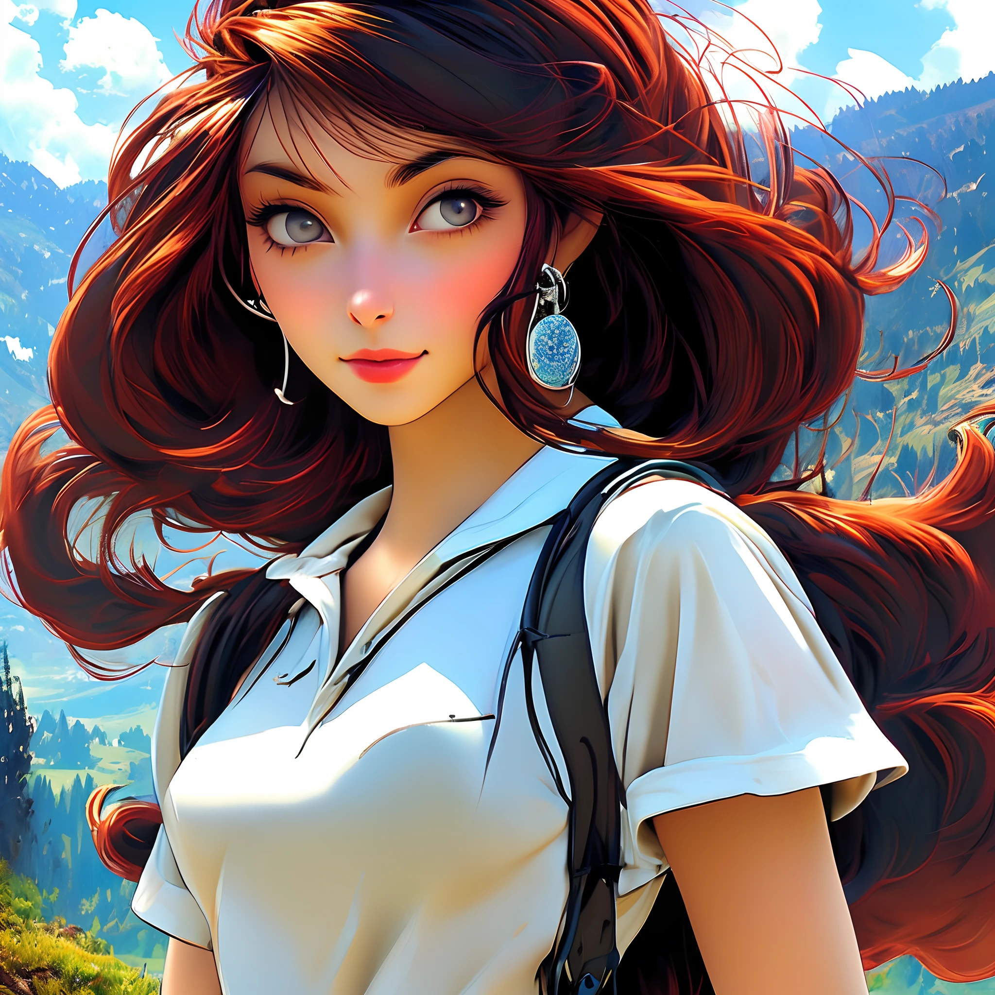 (masterpiece, top quality, 8K wallpaper, high resolution, ultra-realistic), 1girl, solo, full body composition from afar, slender figure: 1.1, (beautiful face like a doll: 1.5), beautiful face, beautiful eyes, detailed face, detailed eyes, detailed nose, detailed mouth, (long hair in the wind: 1.5), (bangs: 1.5), black eyes, mountain girl style, backpacker, mountaineer, mountain view from the top of the mountain, Walking on a mountain trail, (self-portrait: 1.5) T-shirt, long pants, climbing, wearing trekking boots, natural landscape photos; mountain climbing; spectacular summer mountain scenery with rugged mountain ranges in the distance, with a wonderful contrast of blue sky and white clouds. Camera = "Sony a7 IV";Lens="Tamron 28-200mm f/2.8-5.6 Di III RXD";" Aperture = f/6.3";" Shutter speed = 1/1600 sec";" ISO=100";